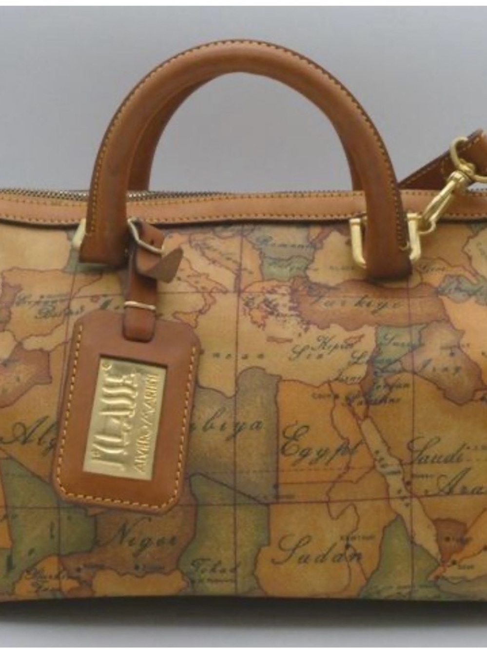 Alviero Martini Tan & Brown Map-Print Leather Satchel